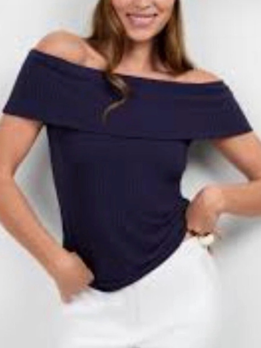 Trina Turk Prizma Navy Off-the-Shoulder Fold-Over top, size large, NWT